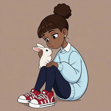 Marsha, 1girl, solo, Dark skin, dark brown hair in a high bun, straight bangs, small round earrings, light blue sweater with a white collar, dark blue leggings, red sneakers.
Marsha petting a rabbit