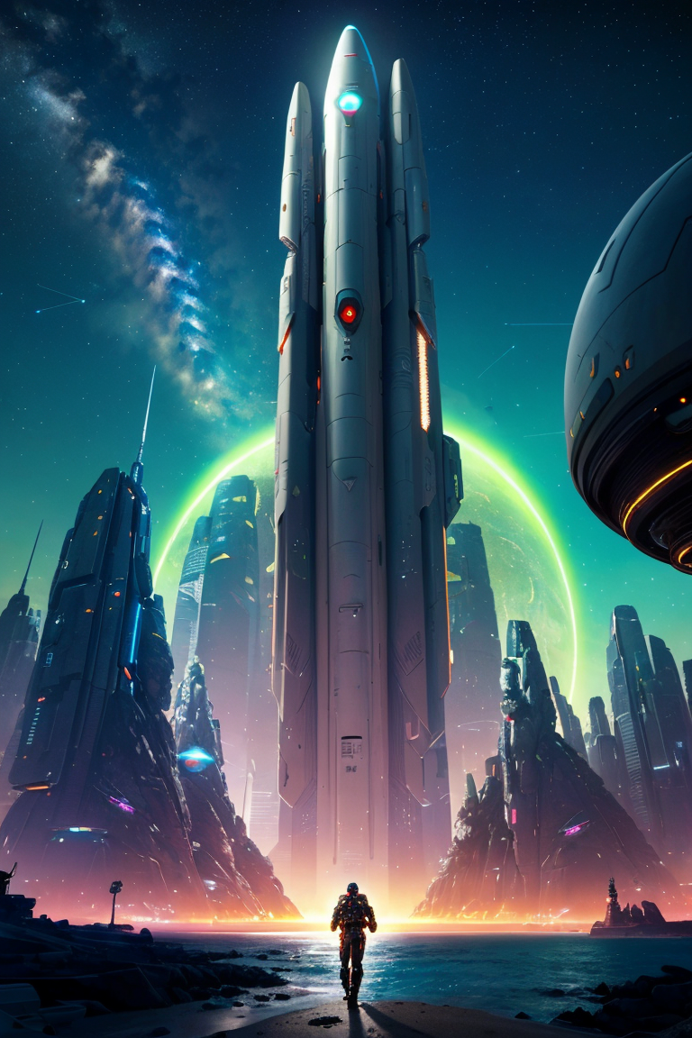 landscape of a futuristic sci-fi city, ultra-realistic, high resolution, city, beach, ocean, war, warfare, missiles, meteor, meteor shower, night, clear sky, constellations, stars, star, sci-fi, spaceships, robots, drones, detailed line art, fine details, trending on artstation, cyberpunk, Bladerunner, neon <lora:FantasyDesert:.2>
