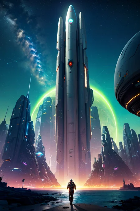 landscape of a futuristic sci-fi city, ultra-realistic, high resolution, city, beach, ocean, war, warfare, missiles, meteor, meteor shower, night, clear sky, constellations, stars, star, sci-fi, spaceships, robots, drones, detailed line art, fine details, trending on artstation, cyberpunk, Bladerunner, neon <lora:FantasyDesert:.2>