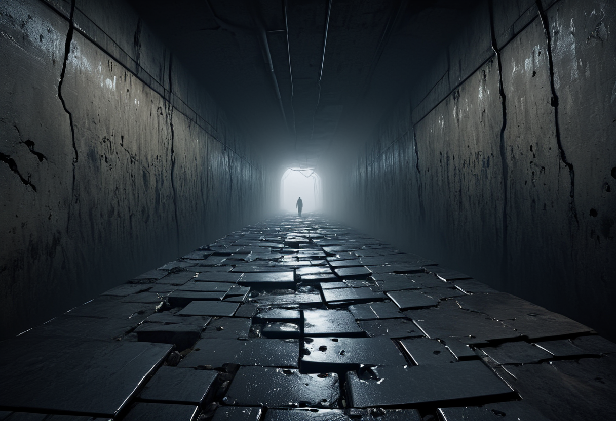 Escaping from a subway tunnel as water begins to flood in, Standing on the edge of a crumbling cliff overlooking a fiery abyss, Walking across a desolate desert under a massive, stormy sky, Bradford Young, Wally Pfister, Rachel Morrison, Gritty, Suspenseful, Enigmatic, Tactile, Striking contrasts, Atmospheric, Intense, Motion blur, Brooding, Fragmented masterpiece, best quality, absurd resolution, in the style of first person perspective,  <lora:artfullyHW1P:1> arthw1p, scenery, no humans,