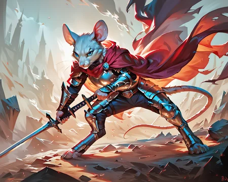 <lora:Concept Art 2 Style LoRA_Pony XL v6:0.6>,
<lora:blade-000013:1>,
score_9_up, score_8_up, score_7_up, score_6_up, furry_source,
very detailed, concept art, realistic, dramatic light,
a (brave) (tiny anthro mouse male knight) in armor with a ((sword)) defends himself from fire-breathing dragon, mouse tail, cloak, blue eyes, whiskers, white fur, erupting volcano on background, dynamic background,
fighting pose, looking away, (from above), (zoom out),
<lora:add-detail-xl:0.5>,
<lora:great_lighting:4>,