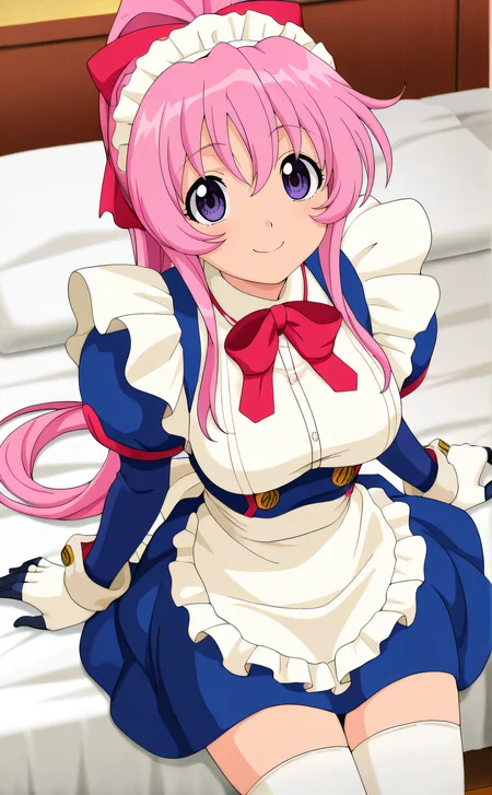 masterpiece, best quality, highres, newest, 1girl, solo, official style, anime screencap, <lora:Kurumi:1>, kurumi, pink hair, purple eyes, high ponytail, red ribbon, headdress, maid outfit, white gloves, white thighhighs, looking at viewer, smile, indoor, cowboy shot, sitting on bed, from above