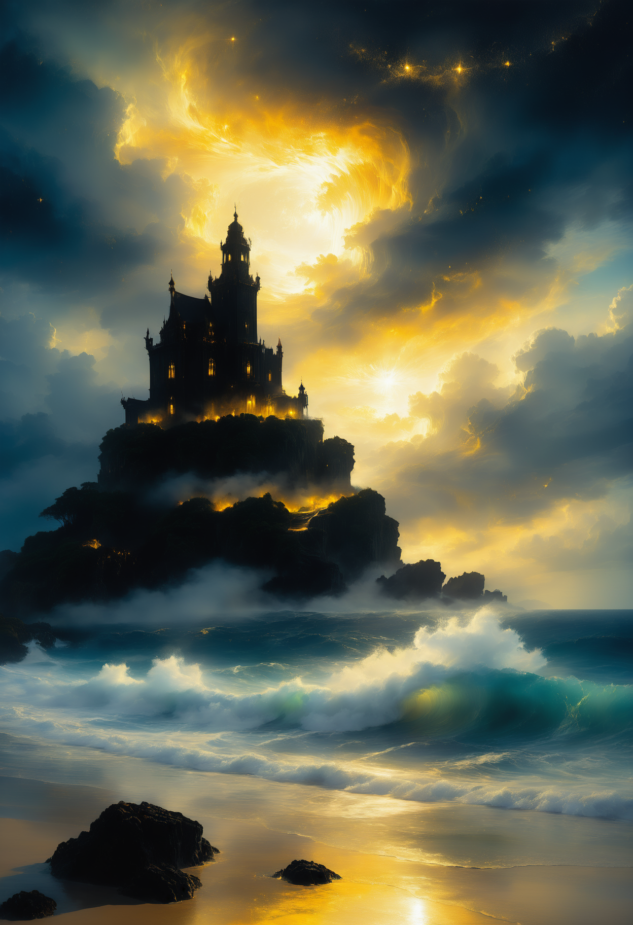 a castle at the beach beside the ocean by starLS <lora:stardustlandscapes-000006:1> <lora:SDXLFaeTastic2400:0.5>
