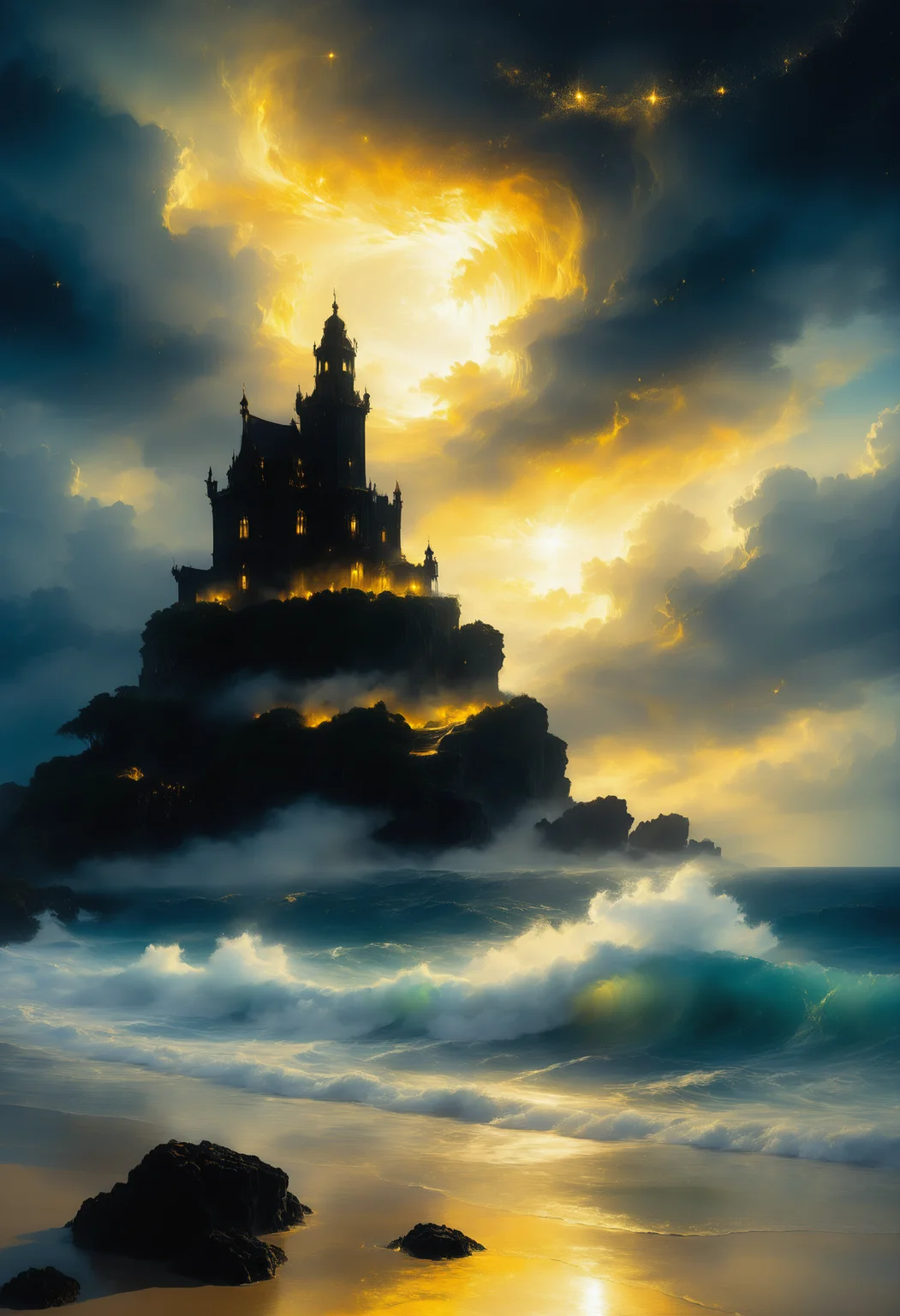 a castle at the beach beside the ocean by starLS <lora:stardustlandscapes-000006:1> <lora:SDXLFaeTastic2400:0.5>