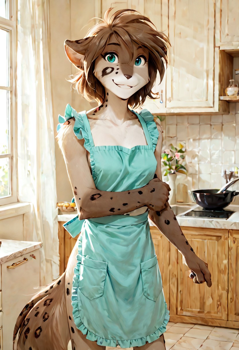 score_9, score_8_up, score_7_up, tkkathrin, keidran, mammal, spotted fur, teal eyes, anthro, standing, from front, indoors, apron, soft smile, romantic lighting