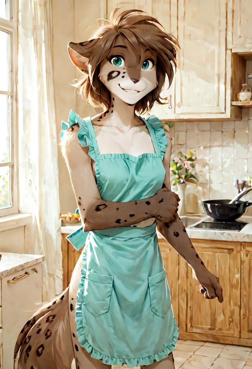 score_9, score_8_up, score_7_up, tkkathrin, keidran, mammal, spotted fur, teal eyes, anthro, standing, from front, indoors, apron, soft smile, romantic lighting