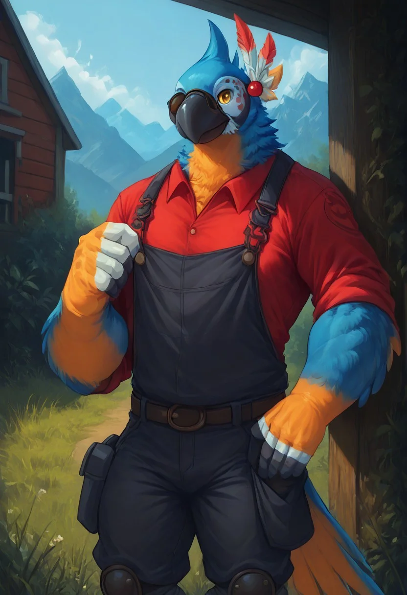 score_9, score_8_up, score_7_up, (best quality:1.1), ultra-detailed, high resolution, 8k, male, source_furry, male, solo, solo, tail, avian, KassPXL, anthro, yellow eyes, feathers, muscular:1.3, hunky, clothed, clothing, armored, hardhat, sunglasses, single glove, redengie, red shirt overalls, outdoors, blue barn, dessert, mountains, red barn