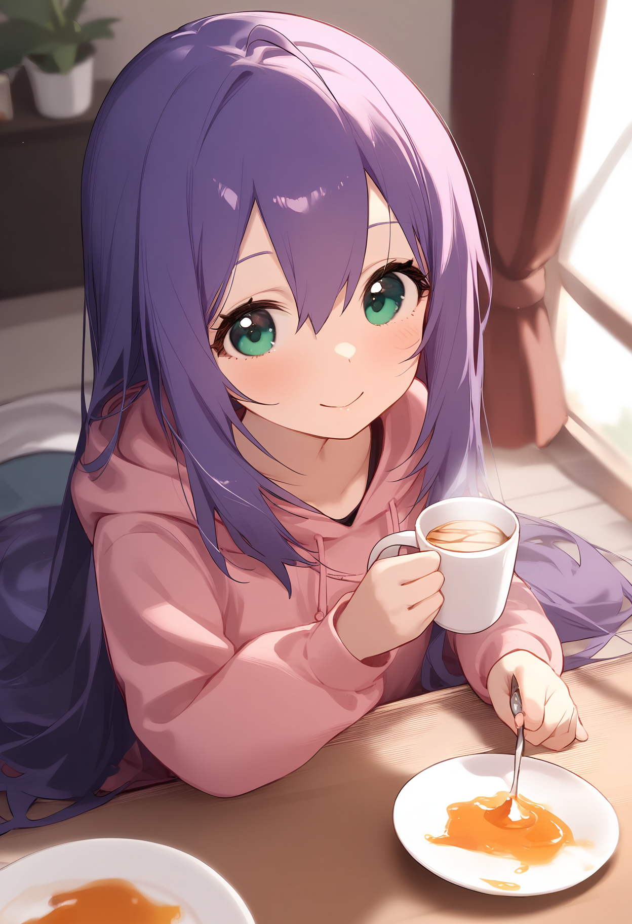 1girl,
mochizuki anna,


blush, spill, indoors, green eyes, blurry, spoon, holding spoon, window, hair between eyes, food, pink hoodie, curtains, sitting, closed mouth, plate, solo, long hair, day, long sleeves, cup, smile, purple hair, drawstring, hood down, hoodie, on floor, very long hair, hood, looking at viewer, depth of field, holding, mug,

sfw
<lora:a31_char_new_mochizuki_anna-000028:1> <lora:a31_style_koni-000010:0.8>
