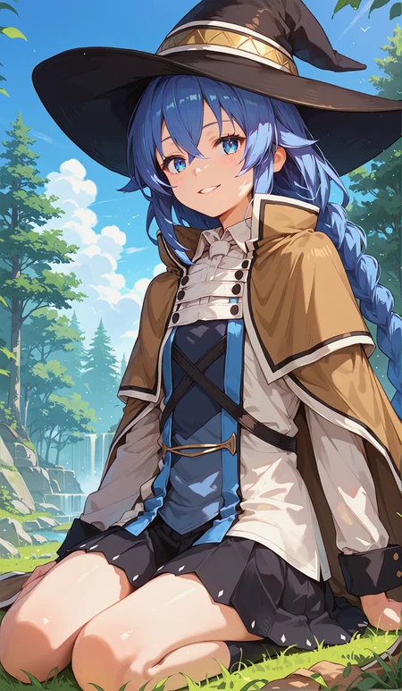 score_9, score_8_up, score_7_up,source_anime,
<lora:P-Roxy:1> r0x7, 1girl, solo, blue eyes, blue hair, long hair, hair between eyes, bangs, twin braids, brown cape, witch hat, cape, pleated skirt, long sleeves, black skirt, small breasts, seductive smile, parted lips, eyelashes, wariza, sitting on ground, forest background, blue sky, clouds
,glistening skin, <lora:shinyskin2:0.5>, cowboy shot,
masterpiece, expressiveh, <lora:Expressive_H:0.3>