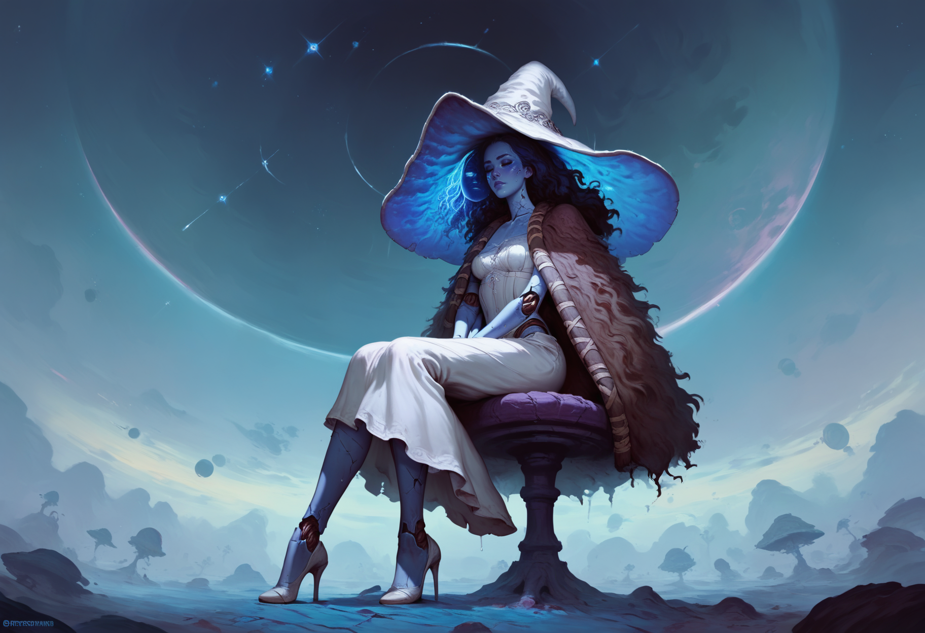 score_9, score_8_up, score_7_up,  rating_questionable, 20yo girl, 1girl, IncrsXLRanni, solo, cracked skin, blue skin, colored skin, Brom, beautifully backlit, fantasy art, wavy hair, extra arms, extra faces, doll joints, white dress, witch hat, brown cloak, space traveler, galactic, otherworldly, ethereal, atmospheric, galaxy, sweat, full body, romantic, sitting, high heels, side view, view from below, head turned away  <lora:Concept Art Twilight Style SDXL_LoRA_Pony Diffusion V6 XL:0.8> <lora:Expressive_H:0.8> expressiveh  <lora:Ranni_XLPD_CAME:0.8>
