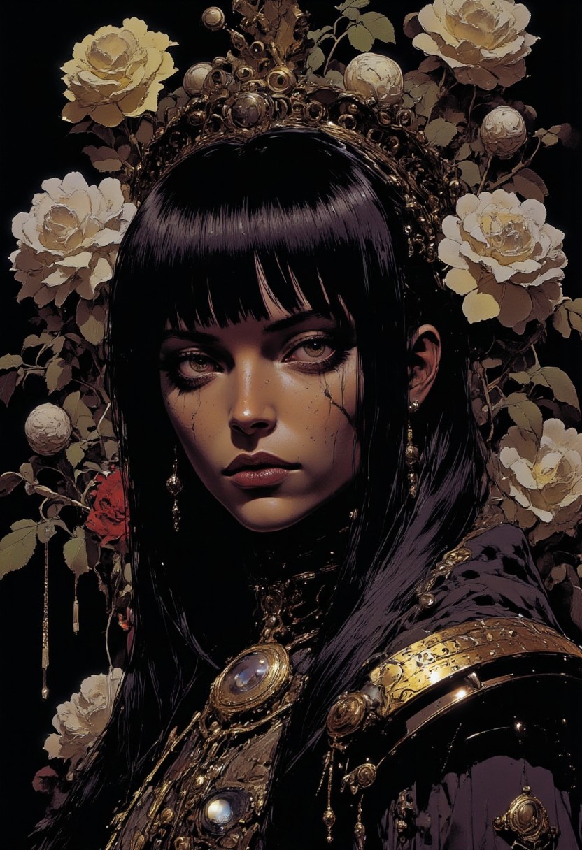 Incredibly beautiful girl with styled long straight black hair. Her eyes are purple. And her lips are pink, soft and plump. 
This is no ordinary woman, she is a noblewoman from a very rich family. She is dressed in a medieval fantasy outfit of an aristocrat. She knows her worth. Innocent, but yet alluringly attractive.
<lora:Fluorescentizer FLUX B:0.7>,<lora:detailed_v2_flux_ntc:0.3>,<lora:flux.1_lora_flyway_Epic-detail_v2:1>,<lora:Cyber_Samuraji:0.3>,<lora:Mangaka_3012:0.7>,Mangaka style,<lora:Luminous_Shadowscape:0.3>,