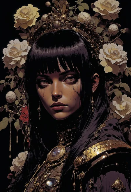 Incredibly beautiful girl with styled long straight black hair. Her eyes are purple. And her lips are pink, soft and plump.
This is no ordinary woman, she is a noblewoman from a very rich family. She is dressed in a medieval fantasy outfit of an aristocrat. She knows her worth. Innocent, but yet alluringly attractive.
<lora:Fluorescentizer FLUX B:0.7>,<lora:detailed_v2_flux_ntc:0.3>,<lora:flux.1_lora_flyway_Epic-detail_v2:1>,<lora:Cyber_Samuraji:0.3>,<lora:Mangaka_3012:0.7>,Mangaka style,<lora:Luminous_Shadowscape:0.3>,