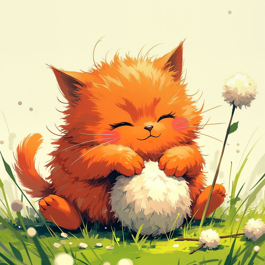 Special Ink-drawing mode, intricate linework with expressive contrasts, vibrant and muted colors blend harmoniously, era 2020s fantasy, varied fashion themes, solo, bold and imaginative style, Rating SFW, (fluffy red cat playing with a ball of wool on the lawn ), soft lighting with dynamic highlights.,2D flat anime,animeniji,Mh1$AgThS2,cartoon-style