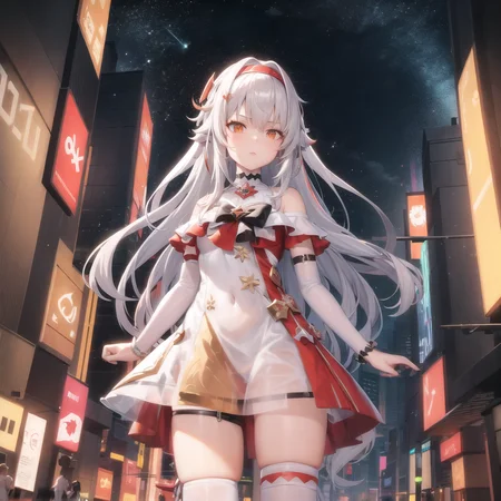 (masterpiece:1.1), (best quality:1.0), (ultra highres:1.0) ,(8k resolution:1.2),(realistic:1.0),(ultra detailed1:0), (sharp focus1:0), (RAW photo:1.1), (lighting:1:1), Shibuya_\(Japan\), outdoor, (night:1:1),
Fenrir_\(tower of fantasy\), 1girl, (silver_hair), (red_hairband:1:1), long_hair, (orange_eyes), white_hair, (looking at the camera),
red_hairband, dress, white_legwear, white_gloves, bracelet,
<lora:Alice&Fenerir_v1.3.1:0.75:MIDD>