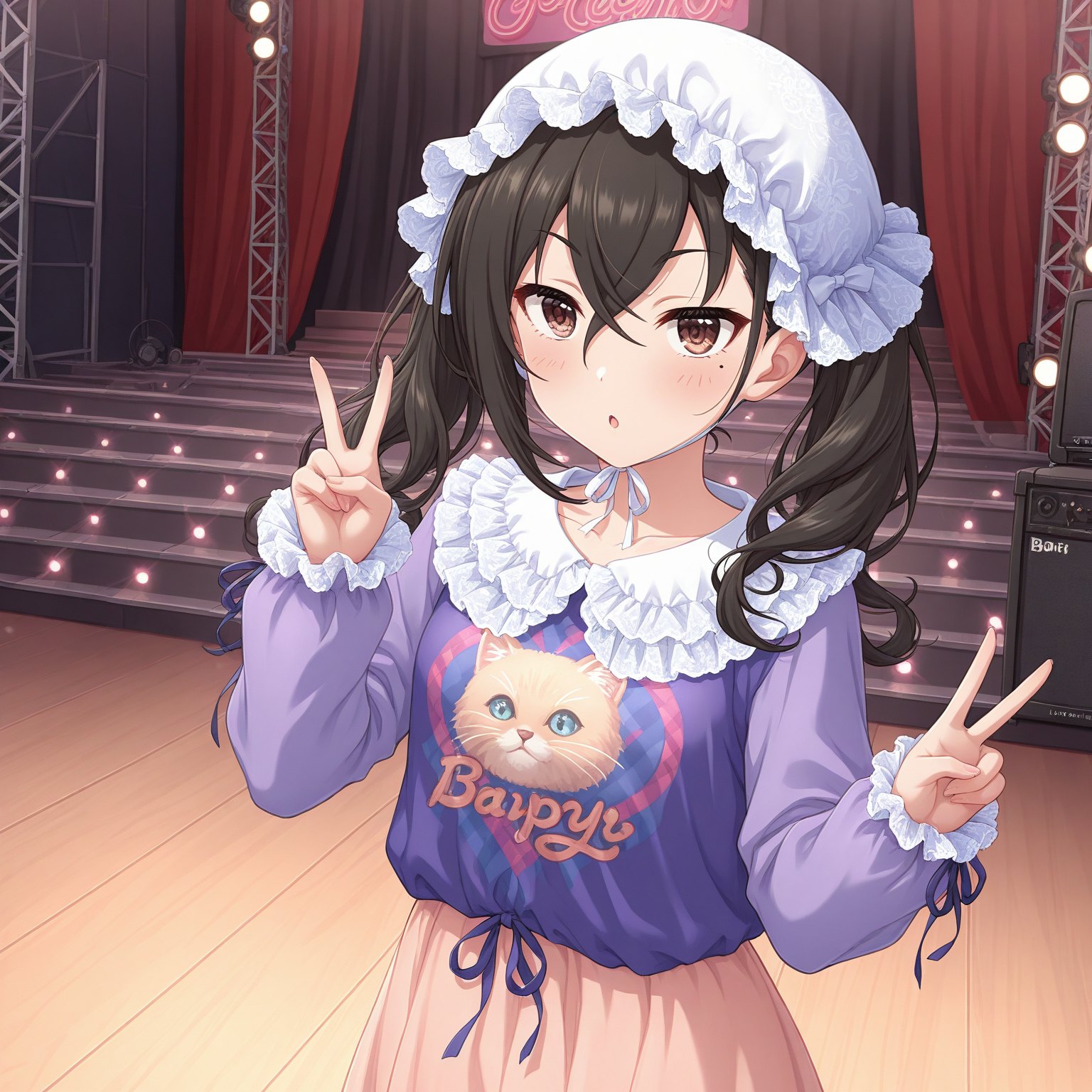 masterpiece, best quality, stage,
<lora:BabyAkira:1>, BabyAkira, solo, white headwear, black hair, long hair, twintails, hair between eyes, crossed bangs, brown eyes, mole under eye, frills, purple shirt, print shirt, clothes writing, long sleeves, skirt, v, parted lips, :o, standing