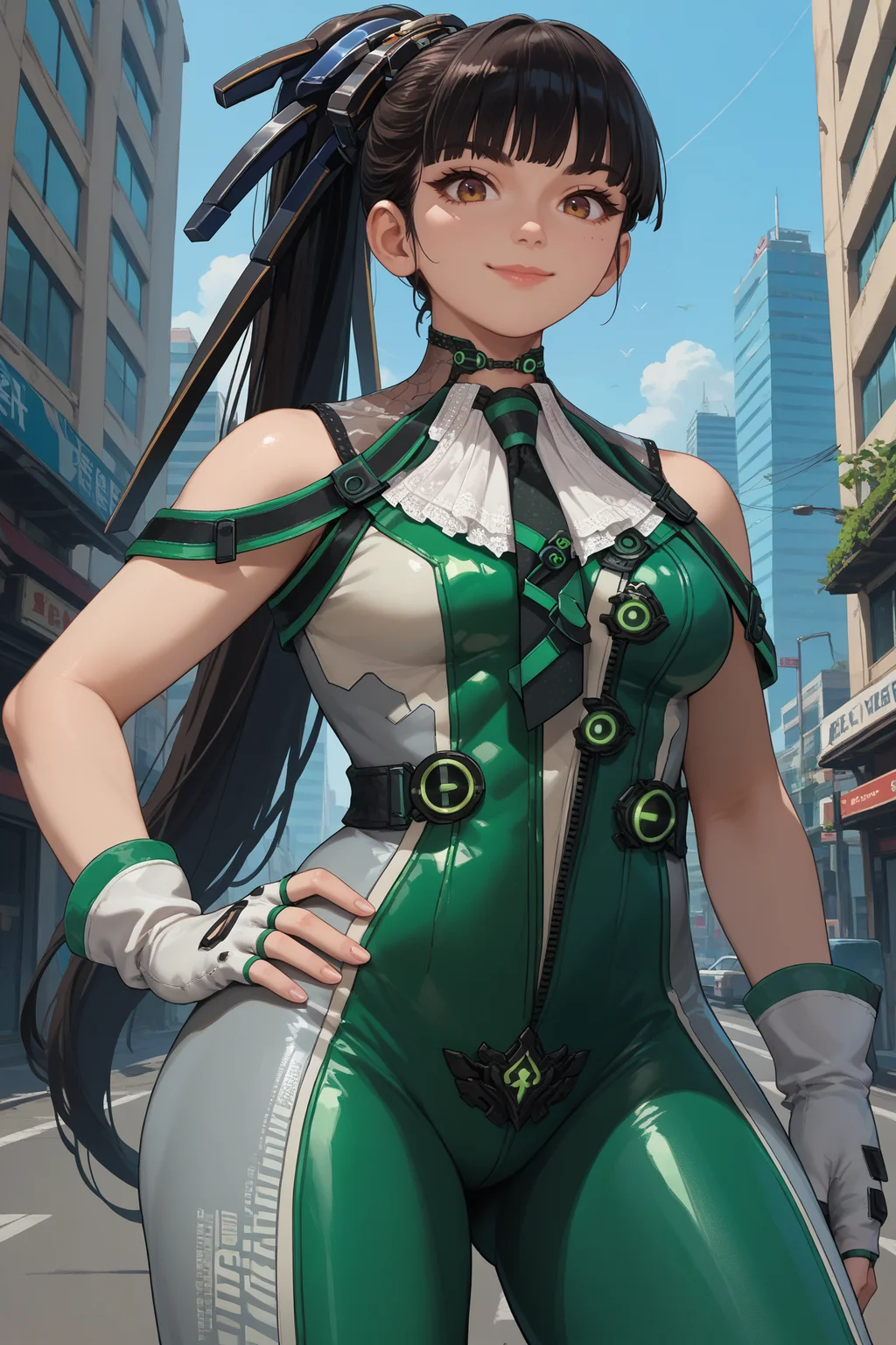 score_9, score_8_up, score_7_up, score_6_up, source_anime, 1girl, solo, <lora:sbeve-pdxl-nvwls-v1-000006:1> defEve, black hair, long ponytail, necktie, green and white bodysuit, bare shoulders, sleeveless, fingerless gloves, white gloves, thick thighs, grey pants, upper body, hand on hip, smile, city, looking at you
