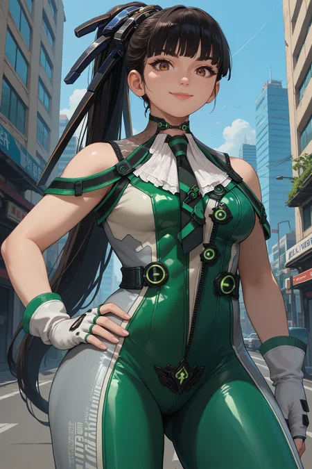 score_9, score_8_up, score_7_up, score_6_up, source_anime, 1girl, solo, <lora:sbeve-pdxl-nvwls-v1-000006:1> defEve, black hair, long ponytail, necktie, green and white bodysuit, bare shoulders, sleeveless, fingerless gloves, white gloves, thick thighs, grey pants, upper body, hand on hip, smile, city, looking at you