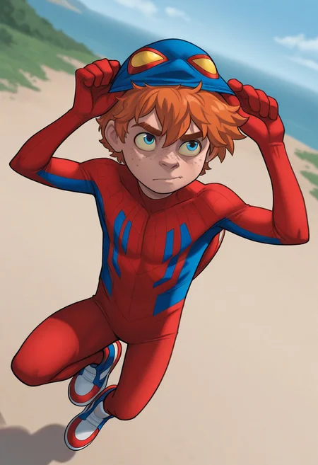 1boy, male focus, cute boy, solo, BaileyBriggs, blue Mask, Yellow Eyes, Spiderboy Costume, Two-tone Bodysuit, Red Bodysuit, Blue Bodysuit, Red Blue Sneakers, cinematic, intricately detailed illustration, depth of field, masterpiece, best quality, amazing quality, very aesthetic, absurdres, newest, very awa, shadow, dynamic angle, casual cosplay, maskLiftConcept, Mask on scalp, Orange Hair, Blue Eyes, Freckles