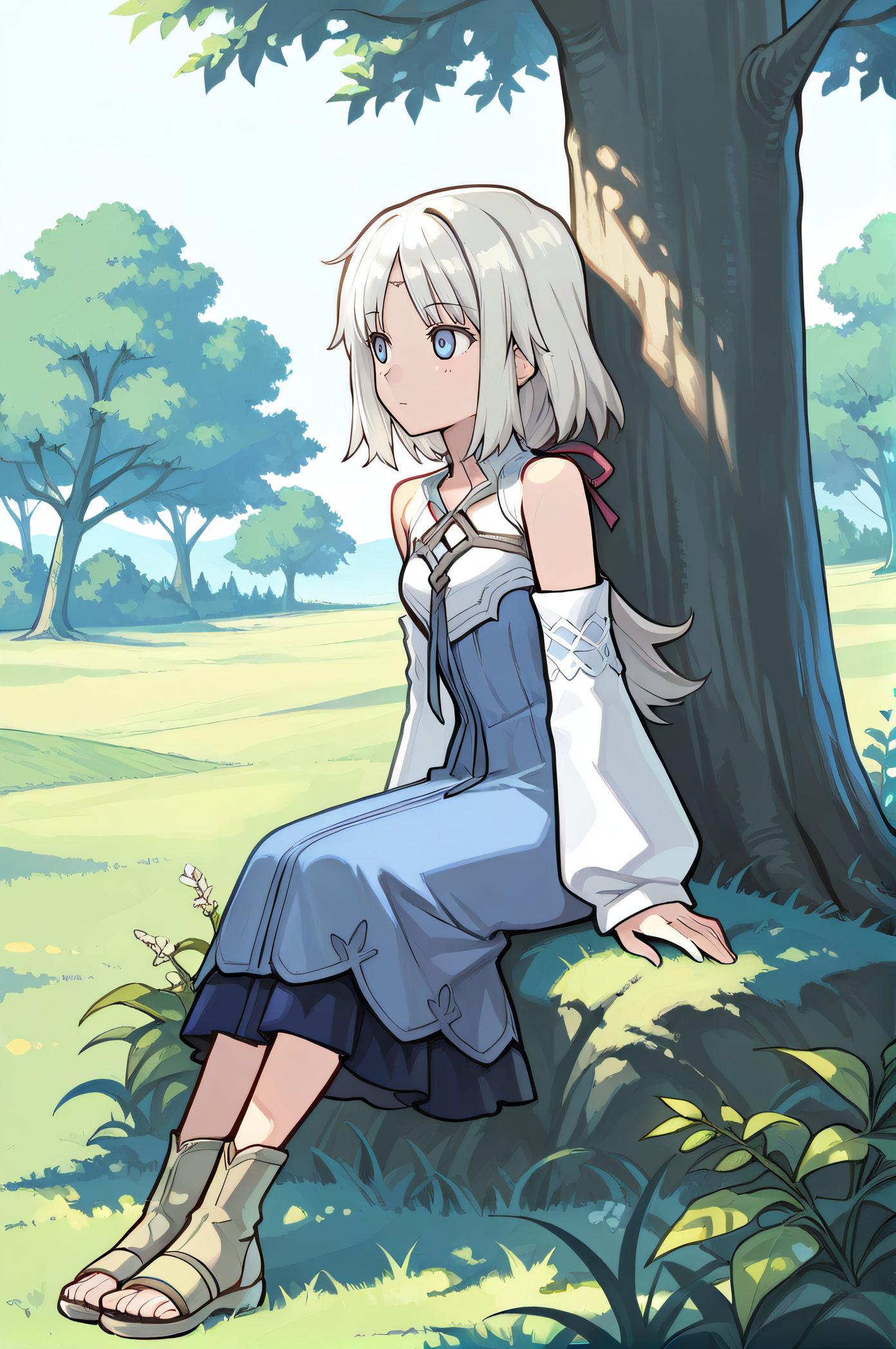 masterpiece, best quality, highres, newest, 1girl, solo, official style, <lora:Mist_RF:1>, mistrf, light hair, blue eyes, blue dress, detached white sleeves, bare shoulders, sandals, outdoor, looking away, full body, sitting on grass, tree behind, scenery