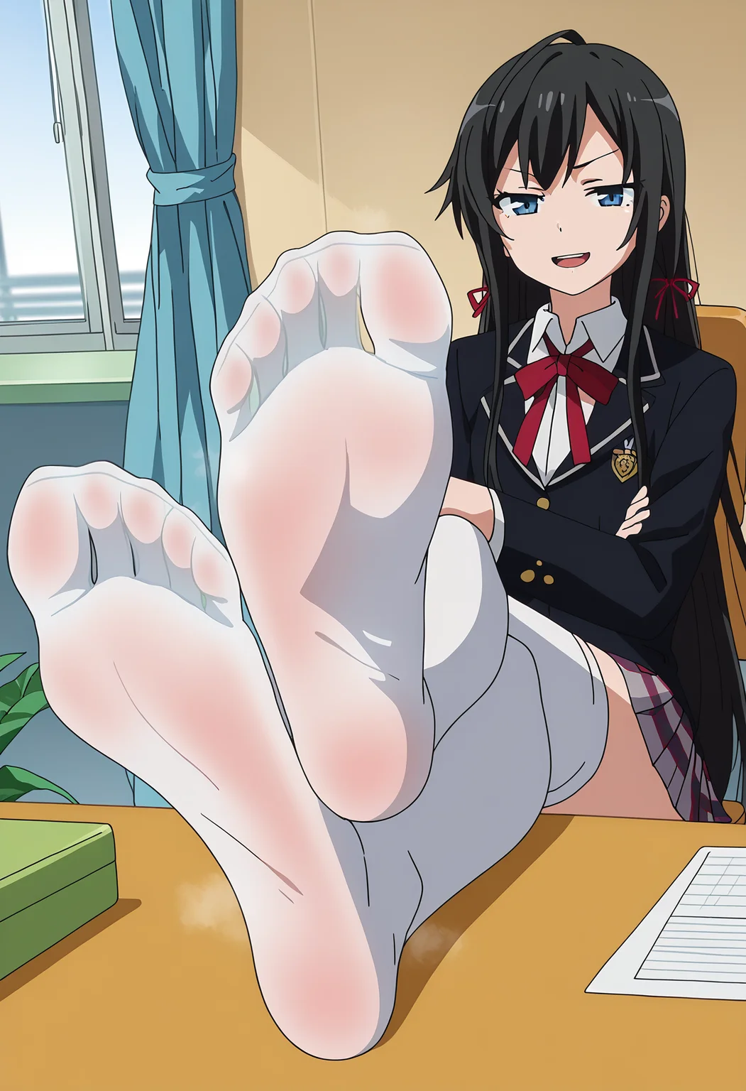 score_9, score_8_up, score_7_up, source_anime,
BREAK
1girl, solo, anime screencap, anime coloring,
<lora:shiYukinoV2:1>, shiyukino, black hair, long hair, blue eyes, hair ribbon, red ribbon, neck ribbon, school uniform, black jacket, collared shirt, white shirt, blazer, sobu high school uniform, pleated skirt, plaid skirt, thighhighs,
<lora:shiFootDesk:1>,
crosft, feet on table, crossed legs, sitting, legs, foreshortening, thighs, foot focus, soles, feet, no shoes, steaming body, smell,
looking at viewer, smug, half-closed eyes, open mouth, teeth,
indoors, office chair, office, desk,