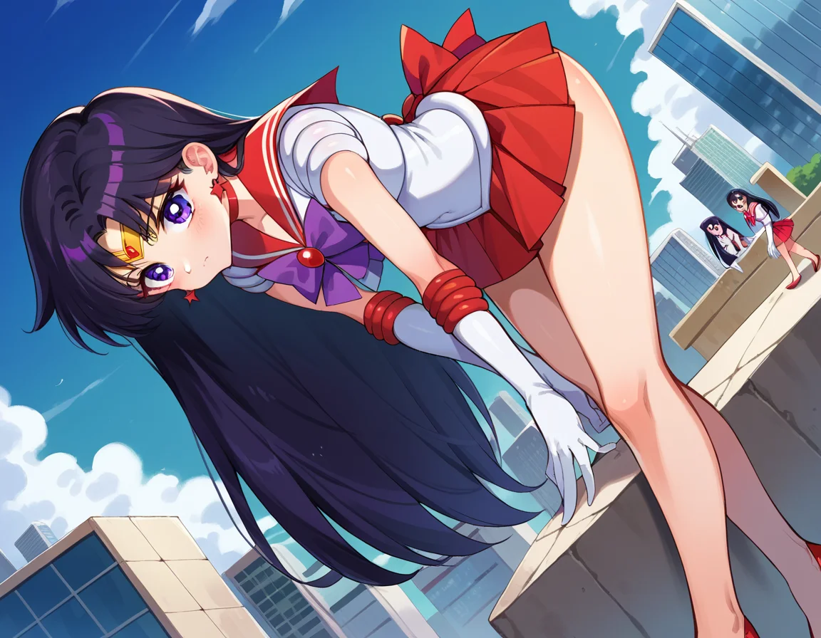 score_9, score_8_up, score_7_up, source_anime,
sailormars, <lora:sailor-mars-ponyxl-lora-nochekaiser:1>
sailor mars, black hair, diadem, long hair, purple eyes, parted bangs,
gloves, high heels, magical girl, microskirt, pleated skirt, red footwear, red skirt, sailor senshi uniform, shoes, skirt, white gloves, bow, purple bow, sailor collar, red sailor collar,
outdoors, cityscape, bent over,
looking at viewer, cowboy shot, dutch angle,