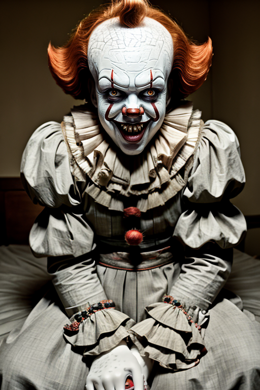 pennywise, teeth, cleavage, in a room, sitting on bed <lora:pennywise-000006:1>