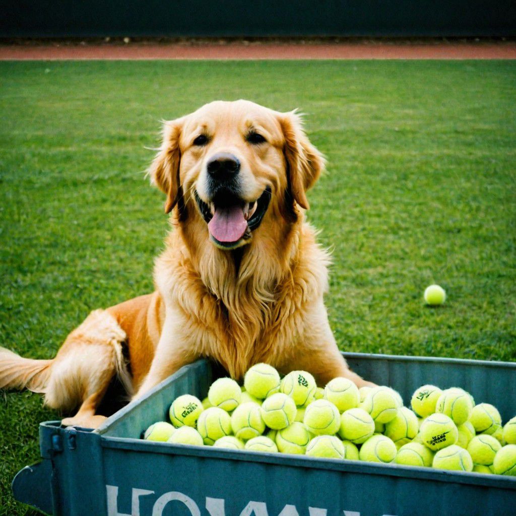 A portrait of a happy golden retriever sitting in front of a container that is full of tennis balls, beautiful summer day, found photo, ((year 
1995)), polaroid film photography, soft focus, high quality, sharp image, (film grain: 1.4), analog style, shot with Kodak 400: 1.3)