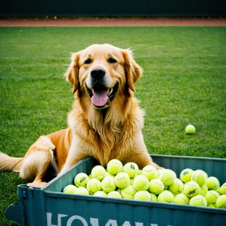A portrait of a happy golden retriever sitting in front of a container that is full of tennis balls, beautiful summer day, found photo, ((year
1995)), polaroid film photography, soft focus, high quality, sharp image, (film grain: 1.4), analog style, shot with Kodak 400: 1.3)