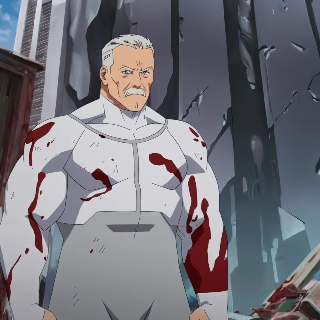 anime artwork of <lora:Invincible (TV series):0.4>
<lora:detailed:0.4> detailed
<lora:perfection style:0.4> perfect
<lora:PerfectEyesXL:0.3>
<lora:Viltrumite:1>
Viltrumite Race an old man with blood on his body standing in front of a building wreck looking serious at camera,Viltrumite Empire,solo,short hair,1boy,white hair,male focus,teeth,bodysuit,blood,muscular,feet out of frame,facial hair,pectorals,muscular male,clenched teeth,bara,beard,large pectorals,blood on face,mature male,mustache,blood on clothes,old,white bodysuit,old man,blood on hands, anime style, key visual, vibrant, studio anime, highly detailed