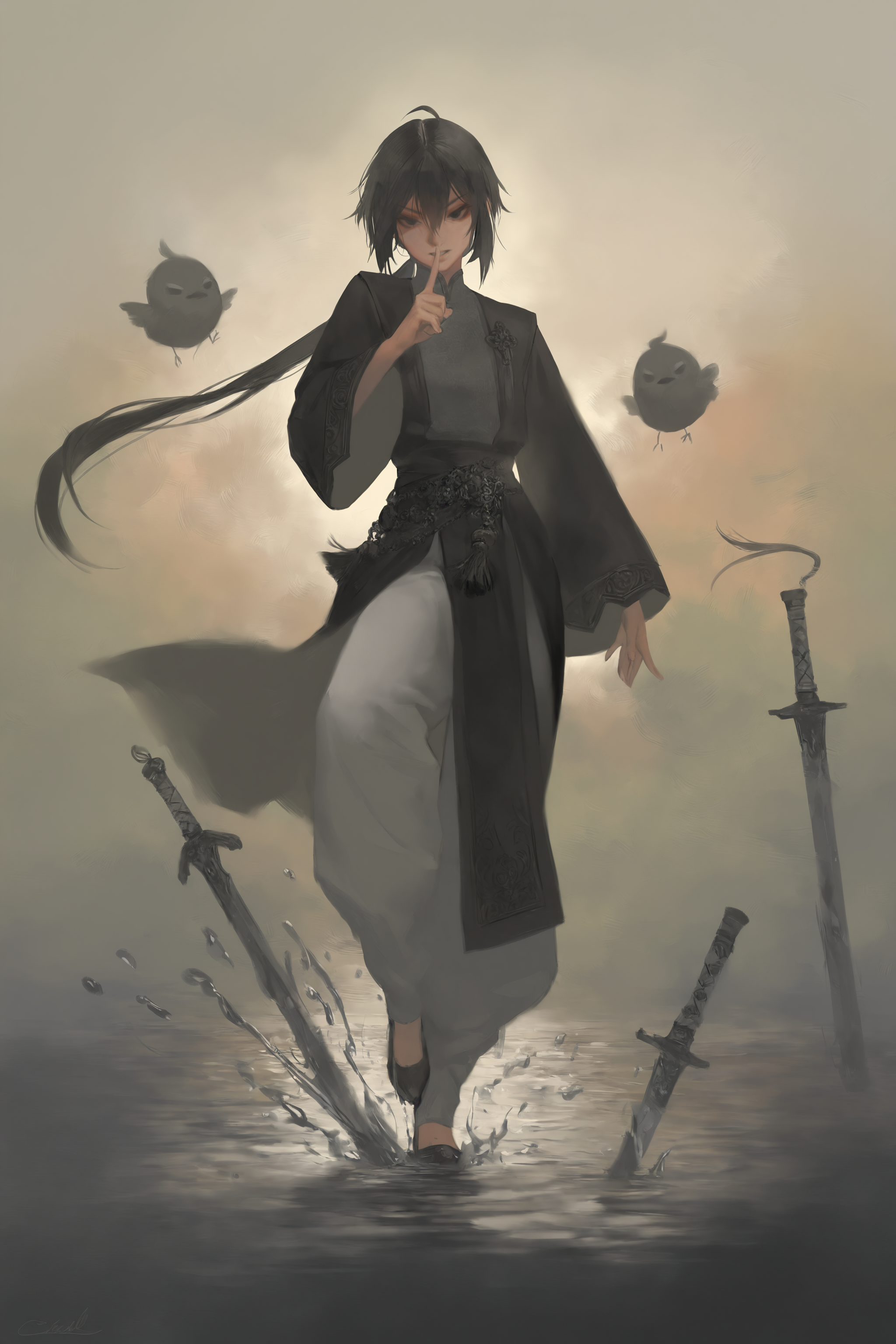 impasto,(nat the lich:0.9),(artist:alphonse \(white datura\):0.7),(weri:0.4),
a girl,calm,Taoist priest,floating sword,solo ,Chinese,Grandmaster style,(black hair:1.103), (long hair:1.103), (low ponytail:1.103), (ahoge:1.103), (white Taoist robe:1.276), (shushing:1.477), (china clothes:1.103), (hair between eyes:1.216), (black eyes:1.103), (chic:1.103), (cloth trousers:1.216), (Stepping on the water:1.103), (Ninjutsu:1.103), (fight:1.276), (spin chop:1.276), (behead:1.276), (cool:1.103), (ink sword:1.103), (ink splashing:1.103)
very awa,masterpiece,best quality,year 2024,newest,highres,absurdres,