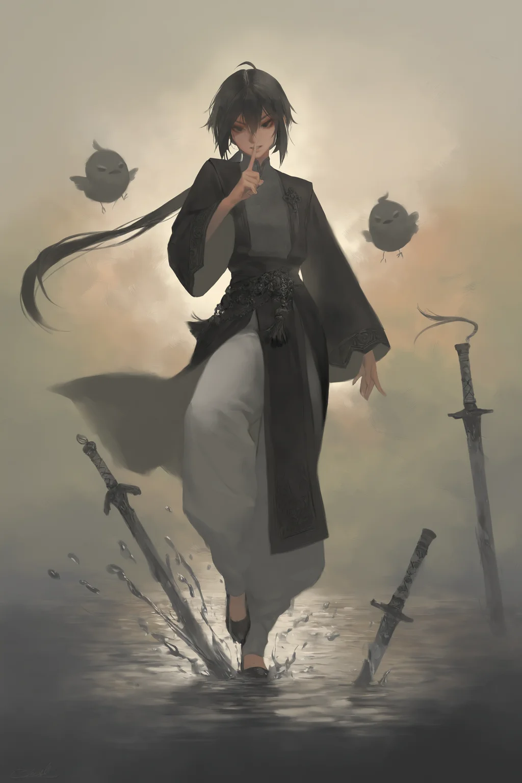 impasto,(nat the lich:0.9),(artist:alphonse \(white datura\):0.7),(weri:0.4),
a girl,calm,Taoist priest,floating sword,solo ,Chinese,Grandmaster style,(black hair:1.103), (long hair:1.103), (low ponytail:1.103), (ahoge:1.103), (white Taoist robe:1.276), (shushing:1.477), (china clothes:1.103), (hair between eyes:1.216), (black eyes:1.103), (chic:1.103), (cloth trousers:1.216), (Stepping on the water:1.103), (Ninjutsu:1.103), (fight:1.276), (spin chop:1.276), (behead:1.276), (cool:1.103), (ink sword:1.103), (ink splashing:1.103)
very awa,masterpiece,best quality,year 2024,newest,highres,absurdres,