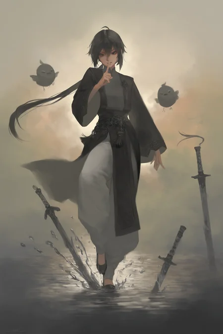 impasto,(nat the lich:0.9),(artist:alphonse \(white datura\):0.7),(weri:0.4),
a girl,calm,Taoist priest,floating sword,solo ,Chinese,Grandmaster style,(black hair:1.103), (long hair:1.103), (low ponytail:1.103), (ahoge:1.103), (white Taoist robe:1.276), (shushing:1.477), (china clothes:1.103), (hair between eyes:1.216), (black eyes:1.103), (chic:1.103), (cloth trousers:1.216), (Stepping on the water:1.103), (Ninjutsu:1.103), (fight:1.276), (spin chop:1.276), (behead:1.276), (cool:1.103), (ink sword:1.103), (ink splashing:1.103)
very awa,masterpiece,best quality,year 2024,newest,highres,absurdres,