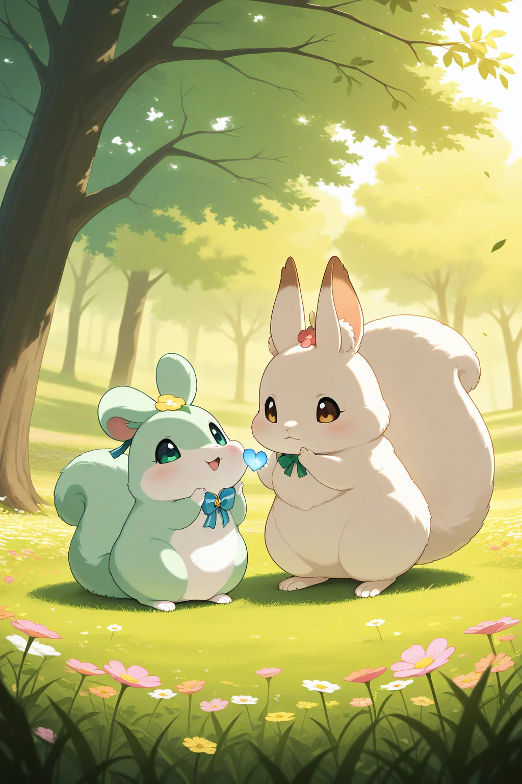 (masterpiece, best quality), In a green meadow, a pair of hares collects bright heart-shaped flowers, carefully exchanging them with squirrels, who in response bring shiny nuts, processed to a shine. Each exchange is accompanied by joyful chirping and quiet bows filled with friendship and tenderness. There is an atmosphere of happiness in the air, and the sun, shining softly, seems to support this moment.