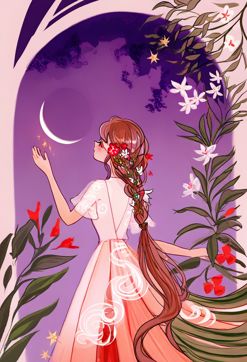 1girl, flower, solo, long hair, braid, star \(symbol\), hair ornament, hair flower, red flower, moon, leaf, skirt, braided ponytail, profile, crescent moon, short sleeves, very long hair, plant, hand up, white flower, purple background, see-through, dress <lora:cqtlatteXL_NBVP1_lokr_V6311P:0.95>