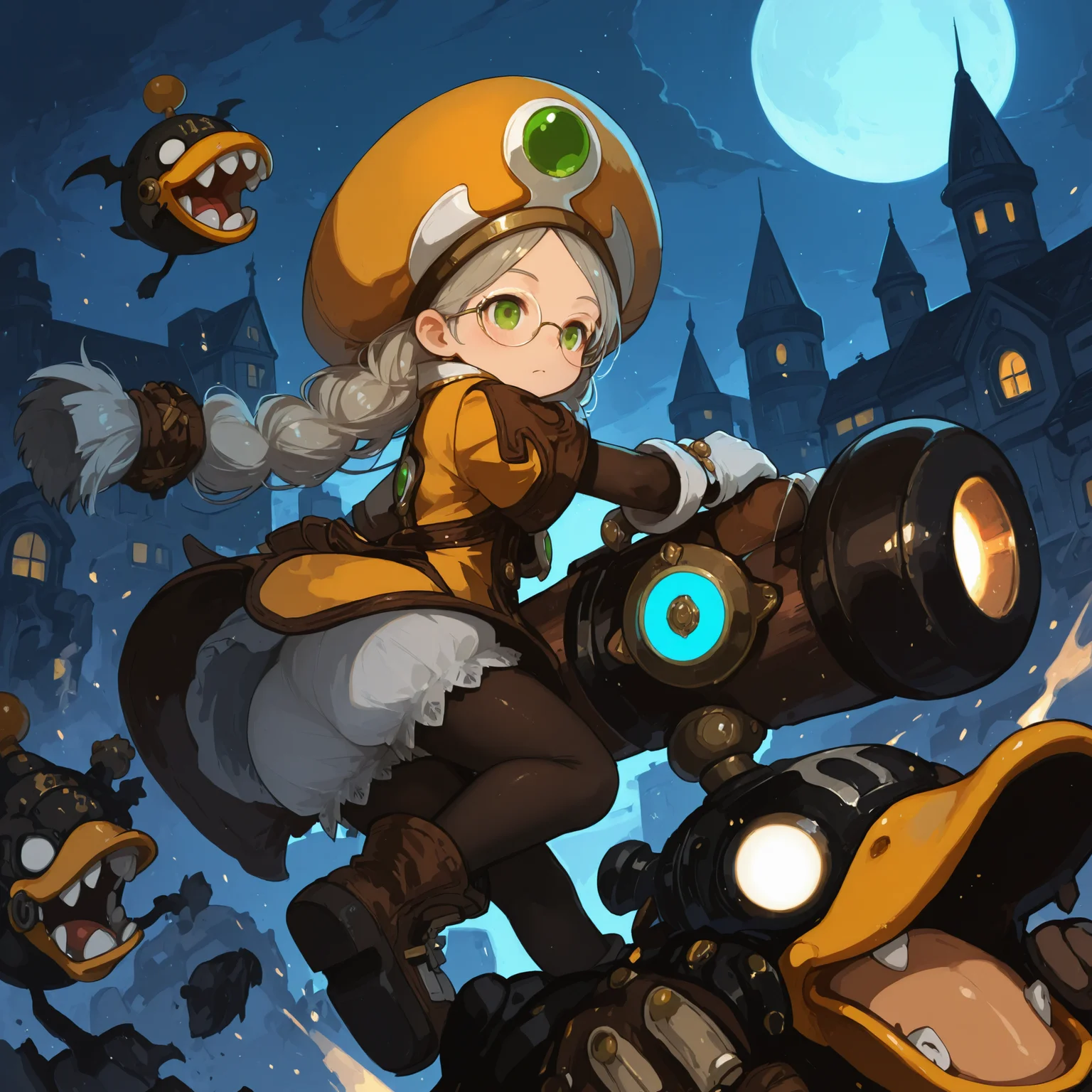 AcadDN01, face, holding a cannon, Mecha Duck, orange hat, brown gloves, white gloves, black pantyhose, twin braids, boots, short sleeves, bloomer, night city <lora:academic_dragonnest:1> <lora:748cmSDXL:0.8>