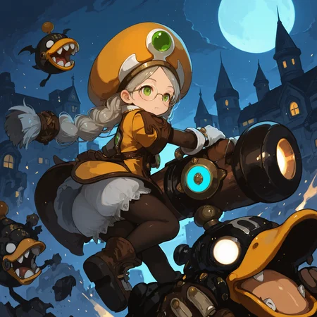 AcadDN01, face, holding a cannon, Mecha Duck, orange hat, brown gloves, white gloves, black pantyhose, twin braids, boots, short sleeves, bloomer, night city <lora:academic_dragonnest:1> <lora:748cmSDXL:0.8>