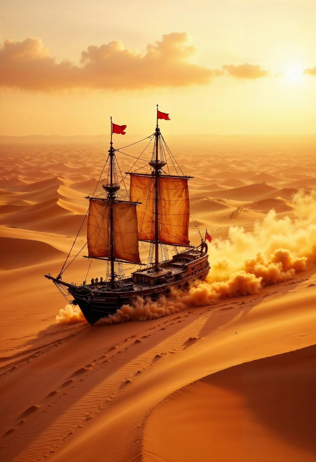 high quality, 8K Ultra HD, highly realistic, The ship is moving forward, creating waves in the sandy sea, Sand flies up after the ship moves, Embark on an enchanting 8K photorealistic journey as a magnificent sandship sails across a boundless sea of desert dunes, The ship gracefully glides atop the rippling sands, leaving a trail of golden dust in its wake, The setting sun casts a warm, ethereal glow over the vast desert landscape, infusing the scene with a sense of magical wonder, The sandship's design boasts intricate steampunk-inspired elements, blending seamlessly with the desert's natural beauty, The camera captures every minute detail, from the ship's sails billowing in the breeze to the delicate patterns etched into the sand, by VelvetS, octane render, Isometric,