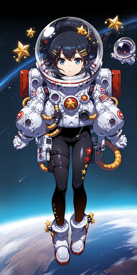 9_score,8_score,masterpiece,1girl,solo,looking at viewer,outdoors,full body,
<lora:Light of Genesis (Jessica) - Langrisser-illustrious v1.0:1>,Light of Genesis_(Langrisser),Outfit_(Alternative),hair ornament,gloves,hairclip,white gloves,star (symbol),floating,black bodysuit,spacesuit,space helmet,astronaut,