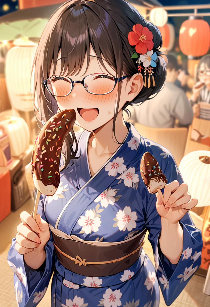 masterpiece, best quality, very aesthetic, absurdres,
chocolate banana, 1girl, solo, glasses, black hair, food, long hair, blush, holding, holding food, yukata, floral print, hair ornament, hair flower, hair bun, uchiwa, paper fan, paper lantern, night, blurry background, happy, laughing,  
<lora:chocolate_banana_SDXL_V1:1>