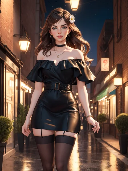 3d, ChÉls!eDÉv!llÉ
1girl, black dress, off-shoulder dress, thigh-high stockings, long hair, brown hair, hair ornament, choker, necklace, shy expression, looking down, dynamic lighting, highres, masterpiece, best quality, photorealistic, ultra detailed, hyper detailed, walkway, evening, city lights, cinematic, ethereal, flowing hair, detailed fabric, elaborate environment, magical atmosphere, soft focus