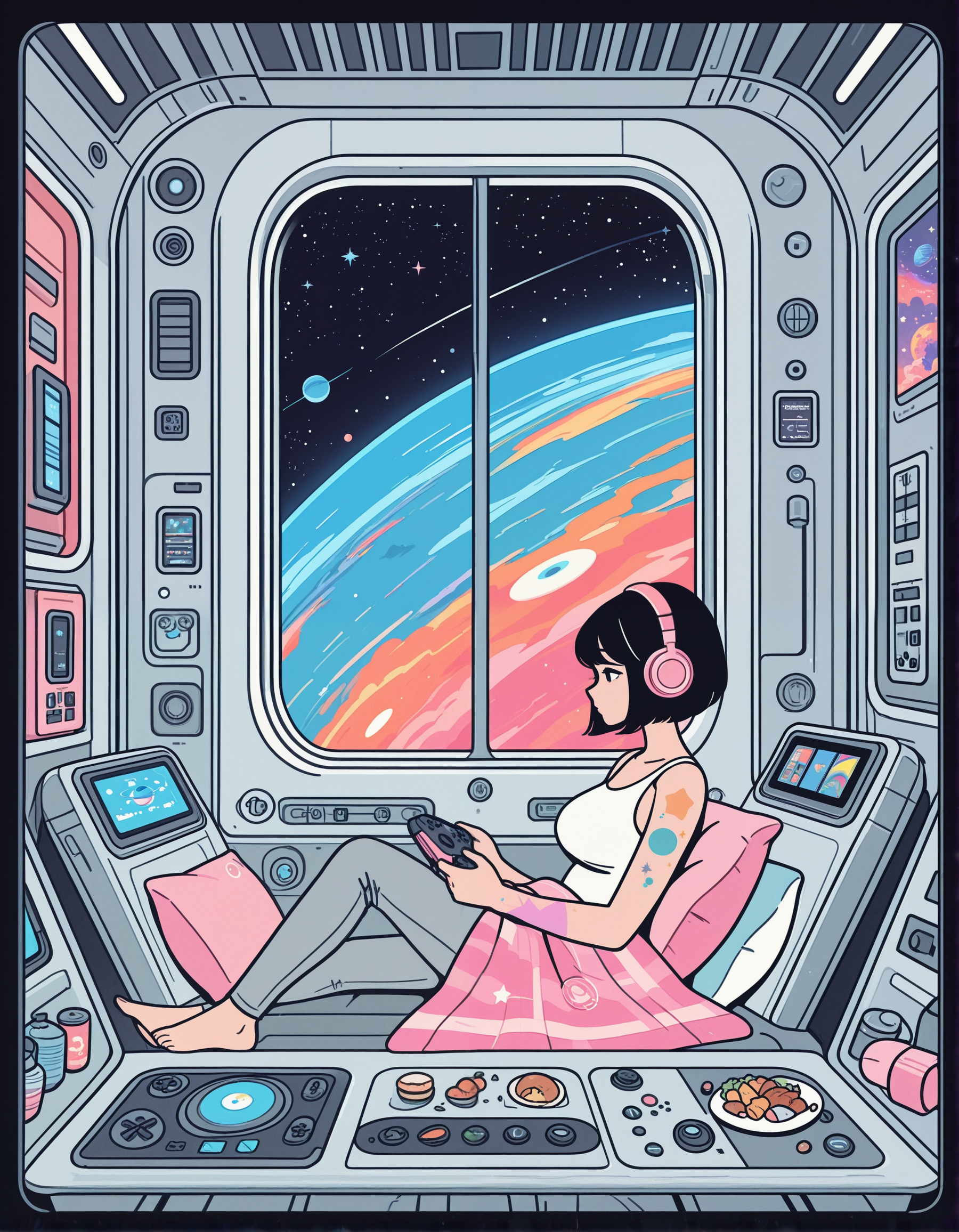 flat color, black outline, 1girl, black hair, bob haircut, pink headphones, pretty face, white top, grey pants, colorful tattoos, perfect body, large breasts, sitting at the window, inside a cozy spaceship, white metal, futuristic interior, colorful blankets and pillows, deco, comics, shelves, trash, food, screens, gaming consoles, in outer space, large colorful planet, nebulae, stars, galaxy