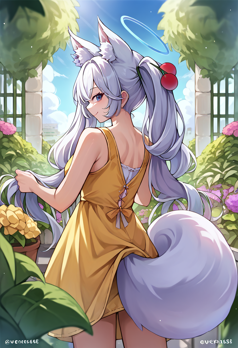 score_9, score_8_up, source_anime, 1girl, solo, KirscheVerstahl, animal ears, long hair, twintails, hair ornament, halo, tail, from behind, yellow sundress, garden, day, sunshine, smile, looking back, <lora:ChamKirscheVerstahlPonyXL:1>