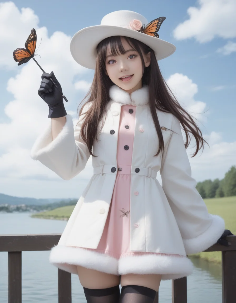 score_9, score_8_up, score_7_up, score_6_up,score_anime, realistic,real,photorealistic,cowboy shot, , 1girl, bird, black gloves, black thighhighs, brown hair, buttons, bug, butterfly, cloud, cloudy sky, day, dress, fence, floating hair, floral print, fur trim, fur-trimmed coat, gloves, hat, holding, holding wand, jacket, long hair, long sleeves, looking at viewer, open mouth, outdoors, pink dress, purple eyes, sky, smile, solo, standing, thighhighs, very long hair, water, white dress, white headwear, white jacket, wide sleeves, zettai ryouiki