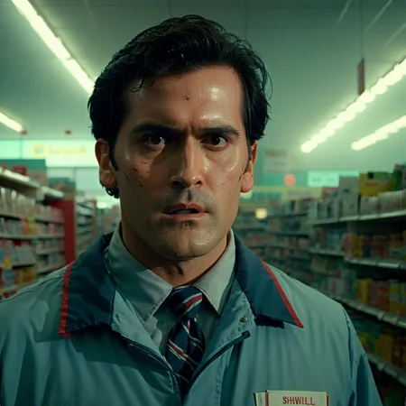 a high resolution photo of ashwll man in a store,close-up,wearing clerk outfit,cinematic,volumetric fog,film grain