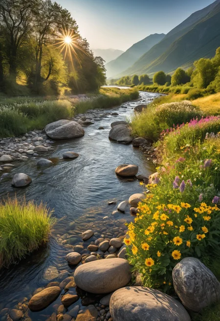 interesting, stunning, varied landscape in wonderful morning light mood. meandering river. stones. mountain. flowers. far view. haste. sun disk. unspoilt nature.
high-resolution, highly detailed, 8k, masterpiece. score_9, score_8_up, score_7_up. award winning. (realistic photograph:1.4).