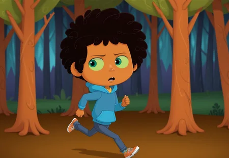 max (camp camp), cartoon theme, max (camp camp), 1boy, solo, human, male focus, curly black hair, curly tousled black hair, afro, dark skin, dark-skinned male, large eyes, round eyes, green eyes,small nose, triangular nose, pointed nose, anoyed face, running, blue hood, blue pants, small body, young boy, chibi, dark forest, night