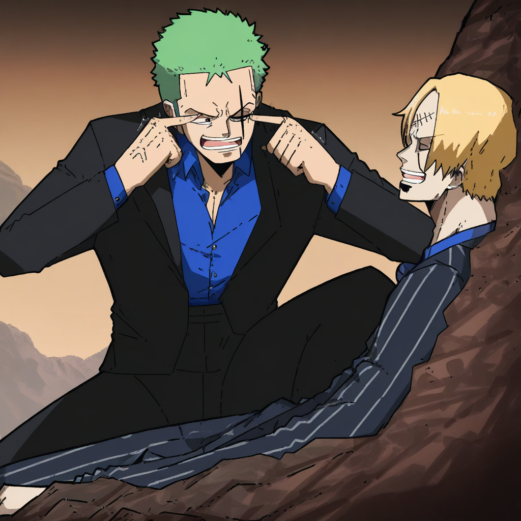 masterpiece, best quality, newest, absurdres, highres, mark_gavatino, mark gavatino style, TMTMEEV1.1-Fullscene, TMTMEMEV1.1-Role:Nolan, suqt, squating, pointing at self, 1boy, Zoro \(one piece\), green hair, one closed eye, one eye open, scar over eye, BREAK TMTMEMEV1.1-Role:Mark, lying, lying on rock, rock, 1boy, Sanji \(one piece\), blonde, blonde hair, yellow nectike, suit, formal clothes