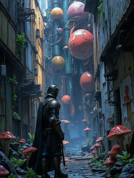 In a dimly lit alleyway, a brooding knight stands tall, his armor dented and worn, as if he's been through a thousand battles. His eyes gaze longingly towards the left, as if searching for an escape from the darkness that surrounds him. The air is thick with the scent of trippy mushrooms, their spiraling tendrils curling around his legs like tentacles. Amidst this eerie atmosphere, a massive structure looms in the background, its steel beams and concrete walls glowing with an otherworldly light. As the knight's eyes wander, they're drawn to, <lora:Flux_Turbo_Alpha.safetensors:1.0> <lora:anime_retro.safetensors:0.8> anime_retro, anime_martz, retro anime <lora:Flux DetailerV2.safetensors:0.8> detailed