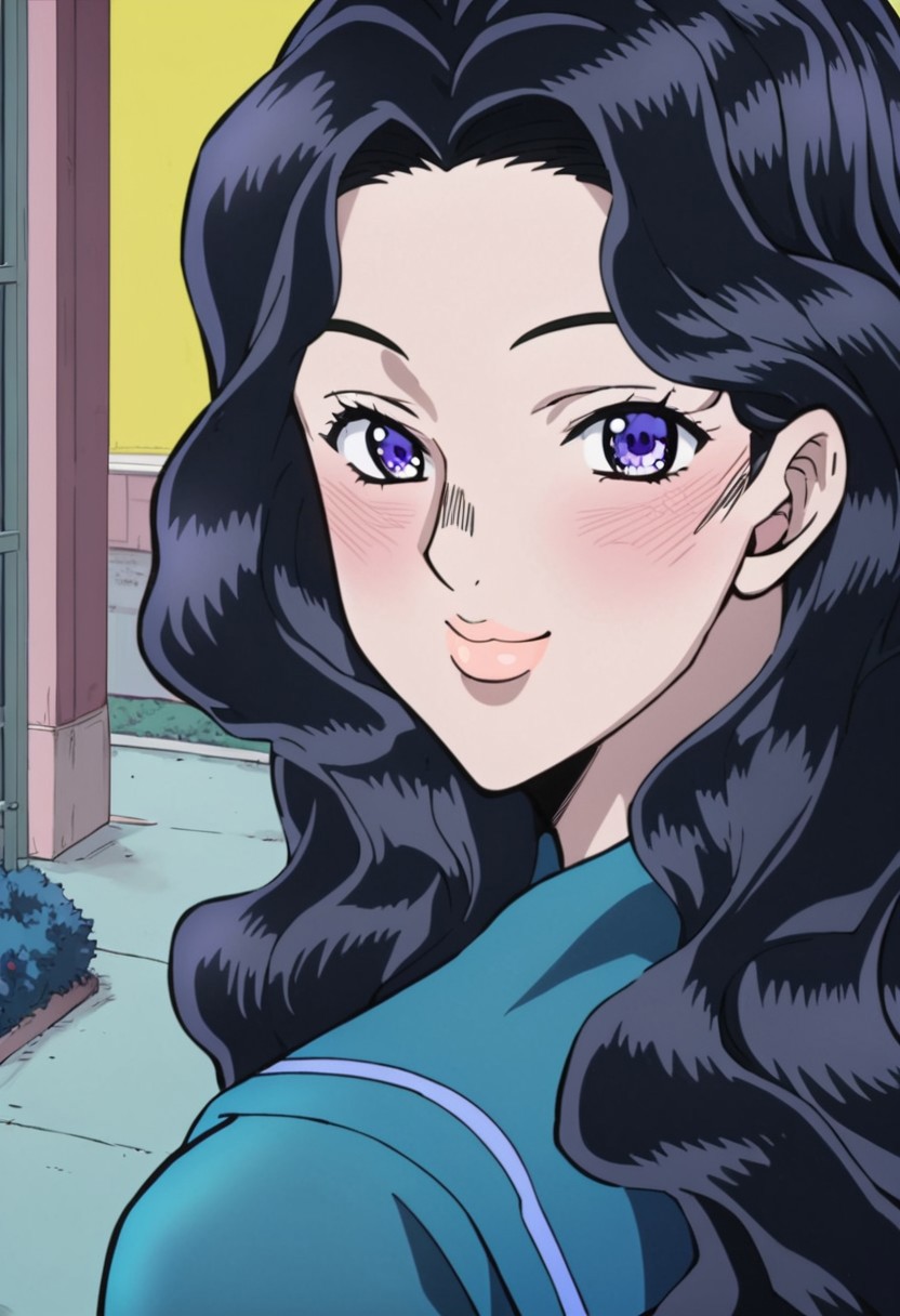 score_9, score_8_up, score_7_up, outdoors, close-up, from side, 1girl, Yukako Yamagishi, Teal Serafuku, Lavender Bow, Rose Sleeve Imprint, Navy Blue Shoes, Purple Eyes, blush, smile, looking at viewer, (highest quality, perfect quality, best quality, highly detailed, intricate detail, beautiful eyes, detailed face and eyes, perfect background, detailed background, detailed body, detailed anatomy, perfect anatomy, high-contrast),