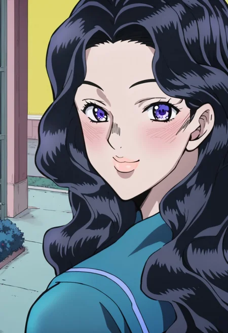 score_9, score_8_up, score_7_up, outdoors, close-up, from side, 1girl, Yukako Yamagishi, Teal Serafuku, Lavender Bow, Rose Sleeve Imprint, Navy Blue Shoes, Purple Eyes, blush, smile, looking at viewer, (highest quality, perfect quality, best quality, highly detailed, intricate detail, beautiful eyes, detailed face and eyes, perfect background, detailed background, detailed body, detailed anatomy, perfect anatomy, high-contrast),